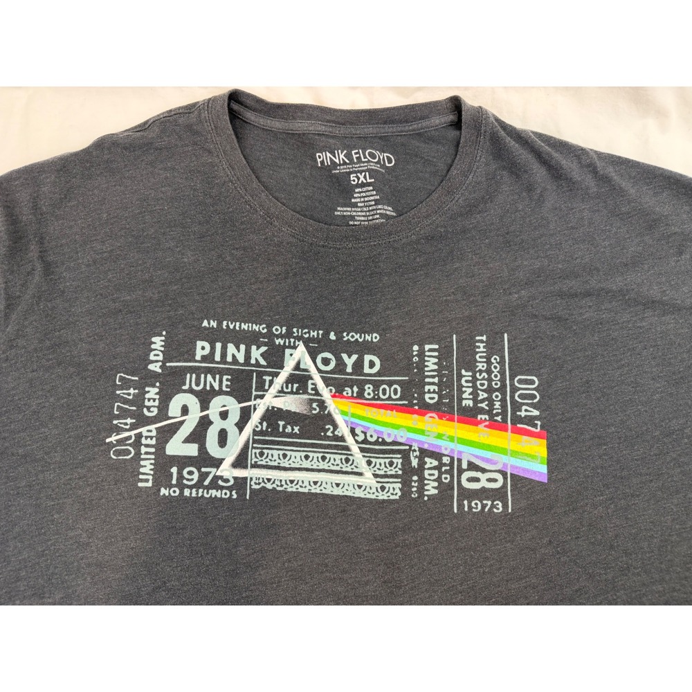 Pink Floyd Prism Concert Ticket Graphic T-Shirt 5XL Gray 1973 Design